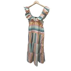 J.Crew Womens XS Striped Maxi Dress V-Neck Flutter Sleeves Cotton Boho Cottage